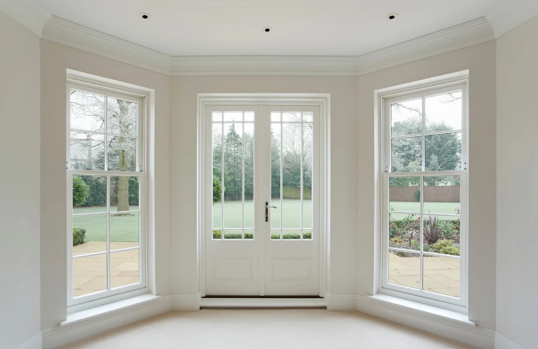 Bay windows with French doors and a tray ceiling in neutral tones, overlooking a beautiful back lawn and patio.