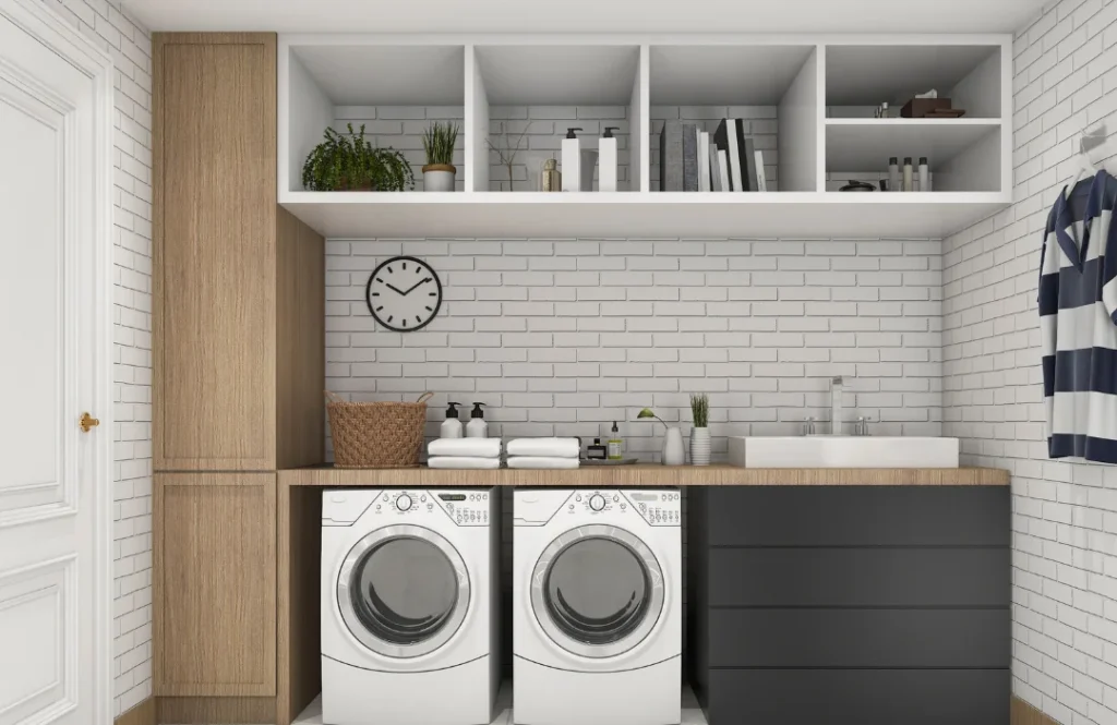 Luxury laundry room with subway tile, wooden cabinetry, shelving, a sink and counter and drawers