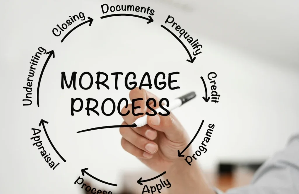 A mortgage broker's hand holding a calculator, showing it to a young woman who is sitting opposite. Broker is holding a pen, using it to point to a figure on the screen. There are house plans and keys on the desk.